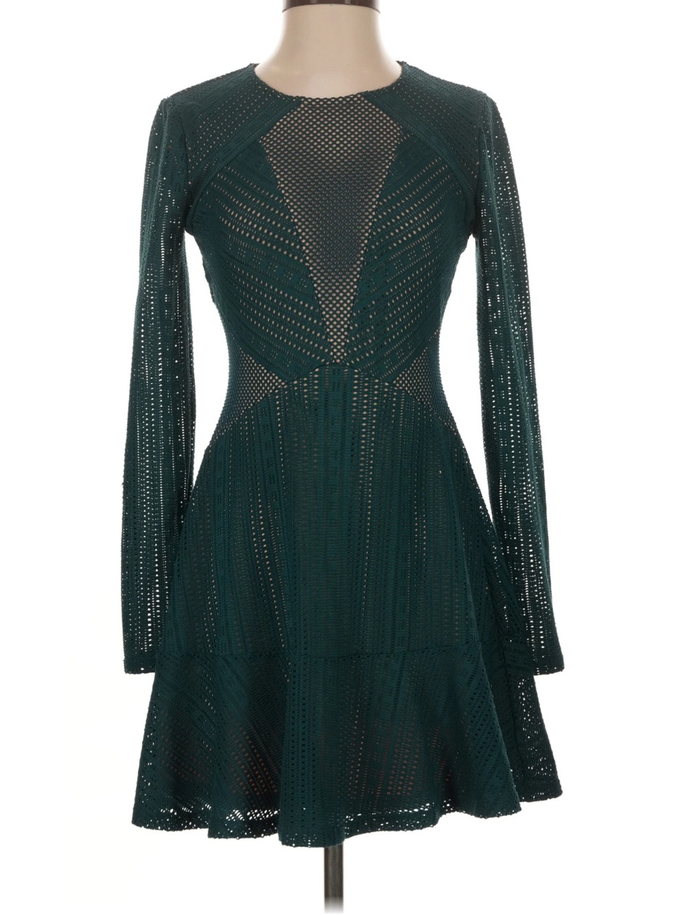 BCBGMaxAzria Emerald Green Long Sleeve Eyelet Fit-and-Flare Dress